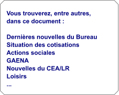 Vous trouverez, entre autres, dans ce document :  Dernires nouvelles du Bureau Situation des cotisations Actions sociales GAENA Nouvelles du CEA/LR Loisirs ...